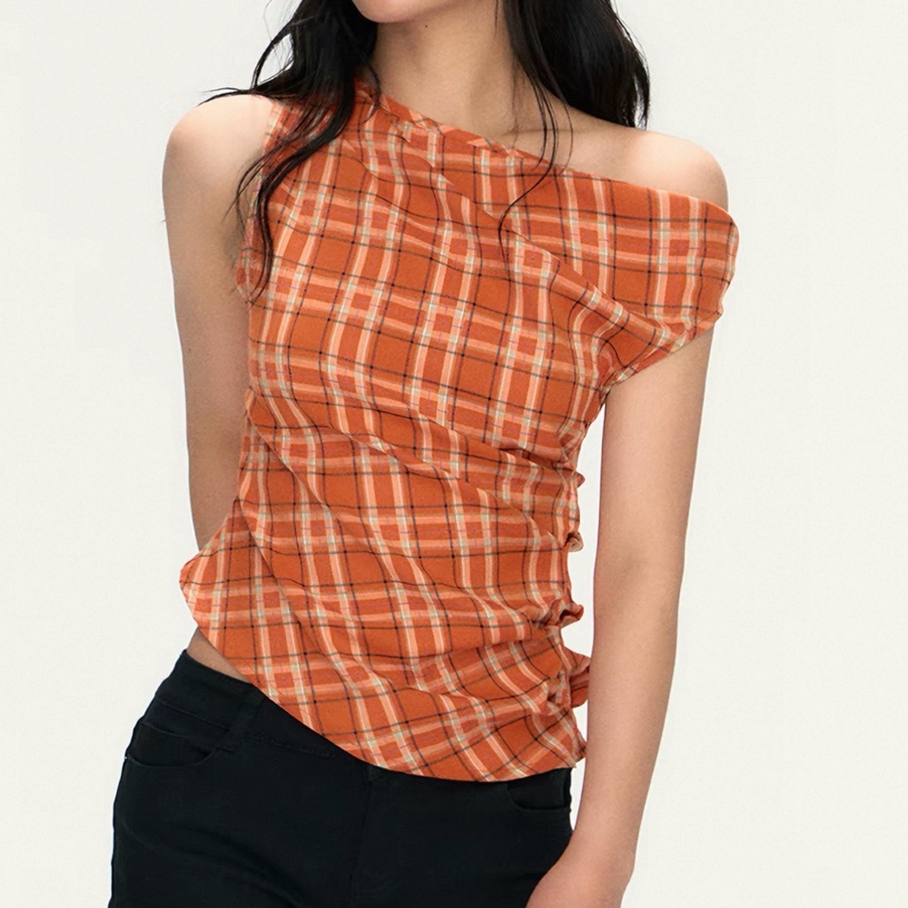Asymmetrical One-Shoulder Orange Plaid Top
